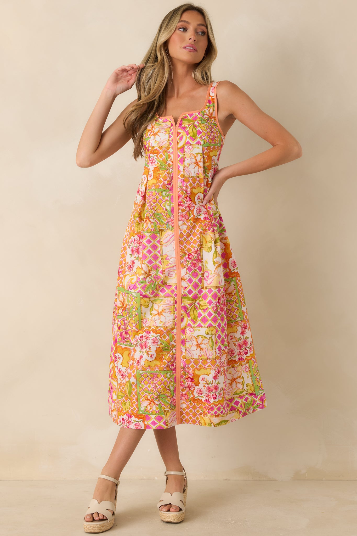 Resort Romance Pink Multi Cotton Floral Print Midi Dress - gazingly