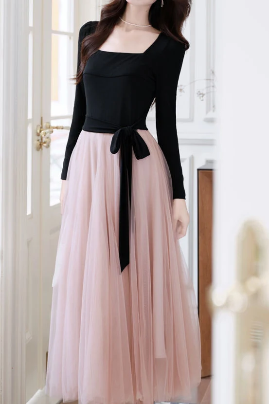 Elegant Temperament Color-Block Patchwork Long-Sleeve Mesh Dress - gazingly
