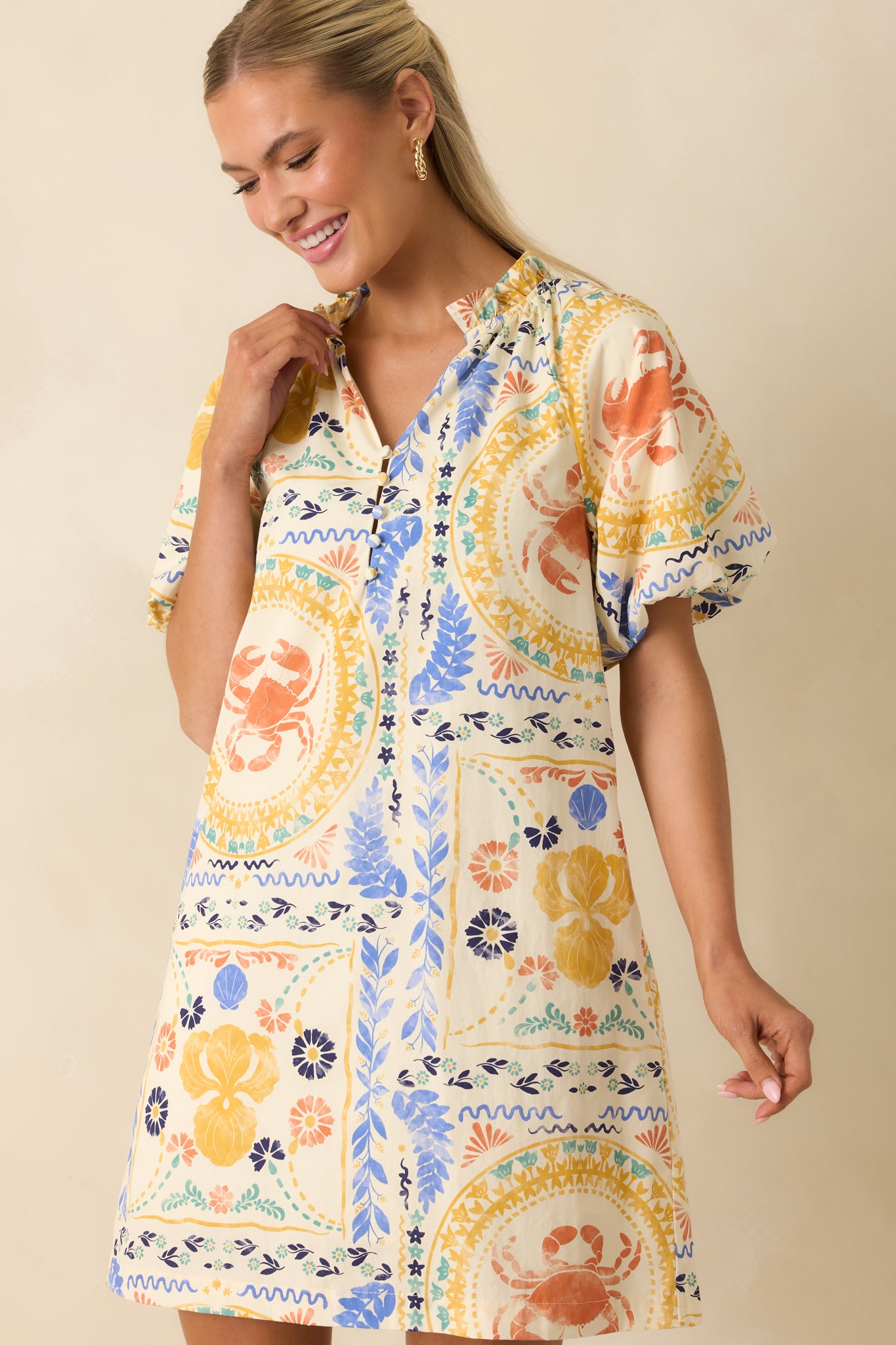 Multi Cotton Coastal Print Mini Shift Dress - gazingly
