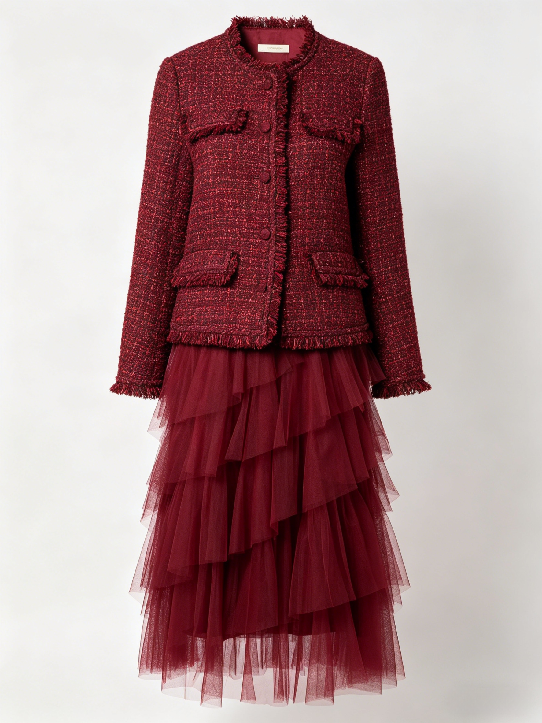 Arrival Burgundy Tweed Jacket & Tiered Tulle Skirt Set