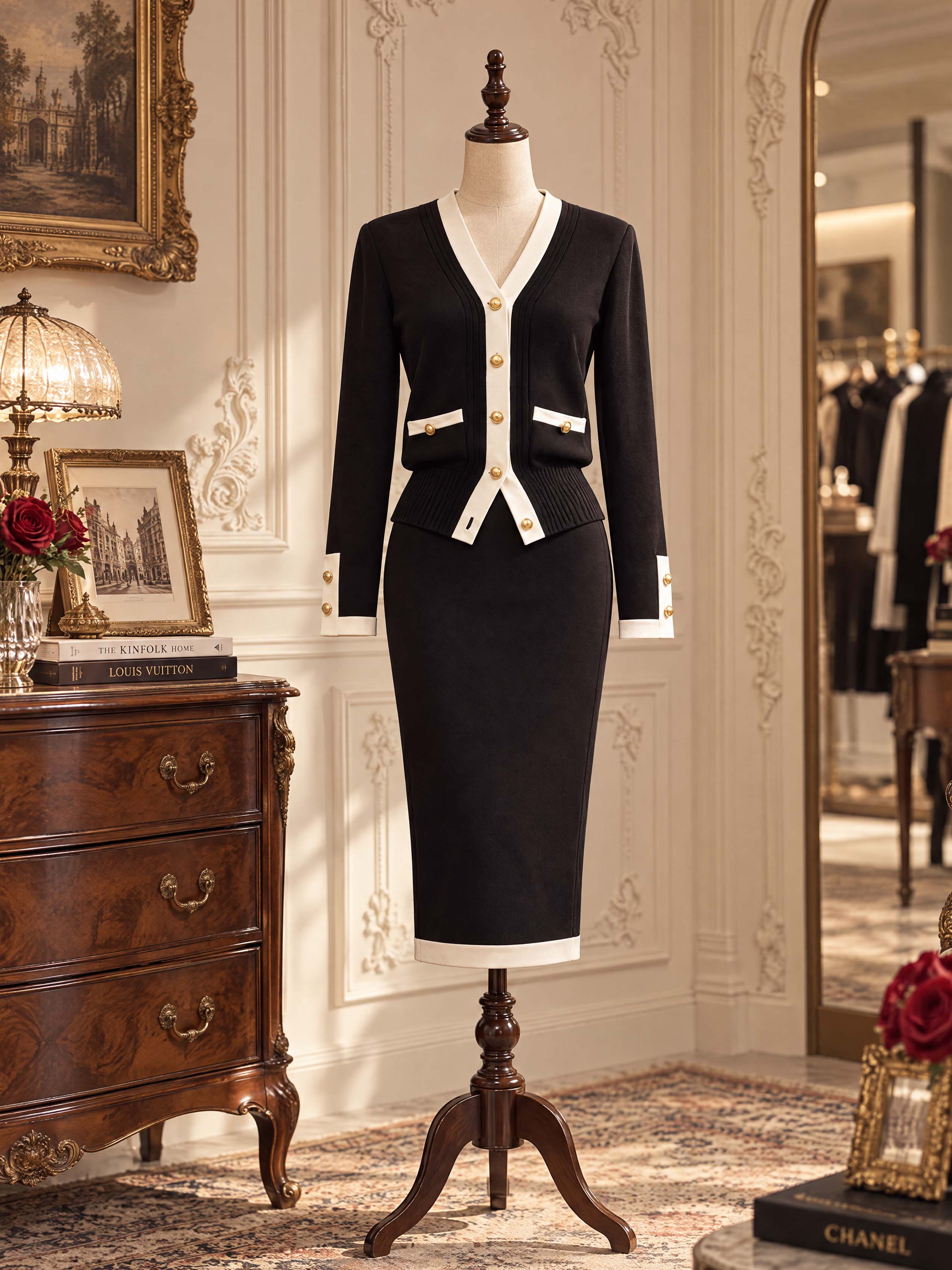 Retro Contrast Trim Knit Midi Pencil Skirt - jugjet