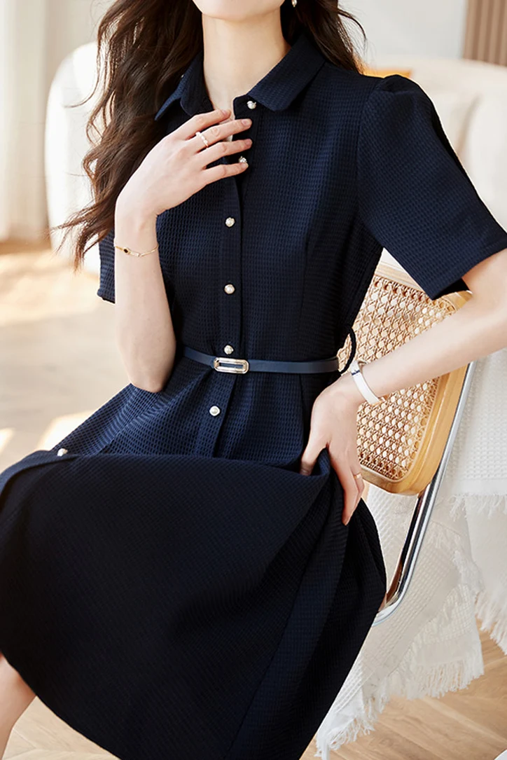 Shirt Collar Belted Waffle Dress - gazingly