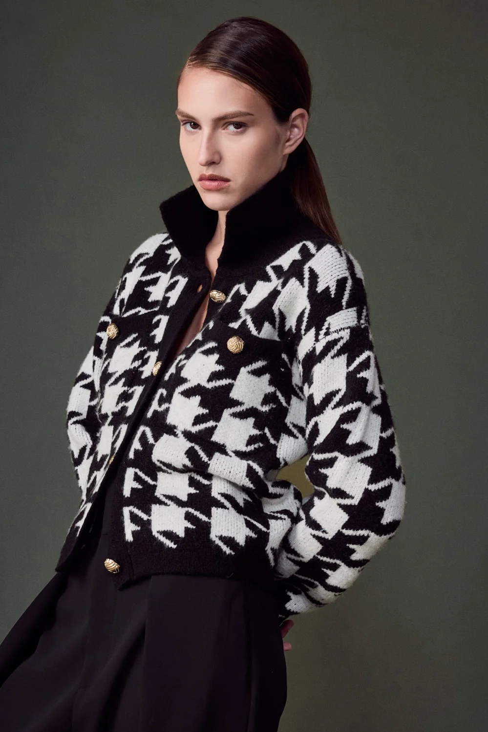 Houndstooth Collared Cardigan - vipsense
