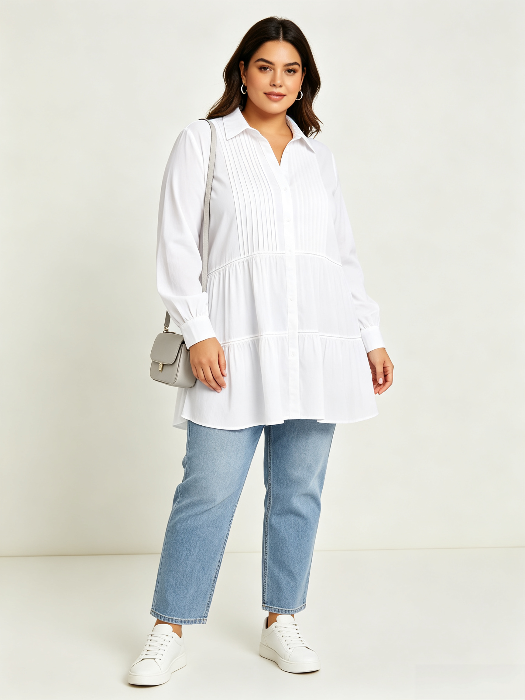 Pleated Solid Color Split-Joint Tiered Long Sleeves Plus Size Lapel Blouses&Shirts Tops