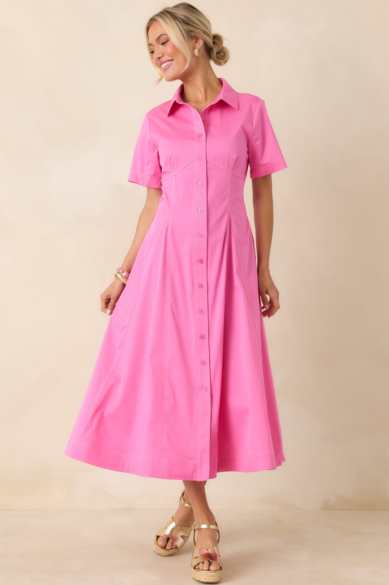 Make It Look Easy Pink Short Sleeve Midi Shirt Dress - gazingly