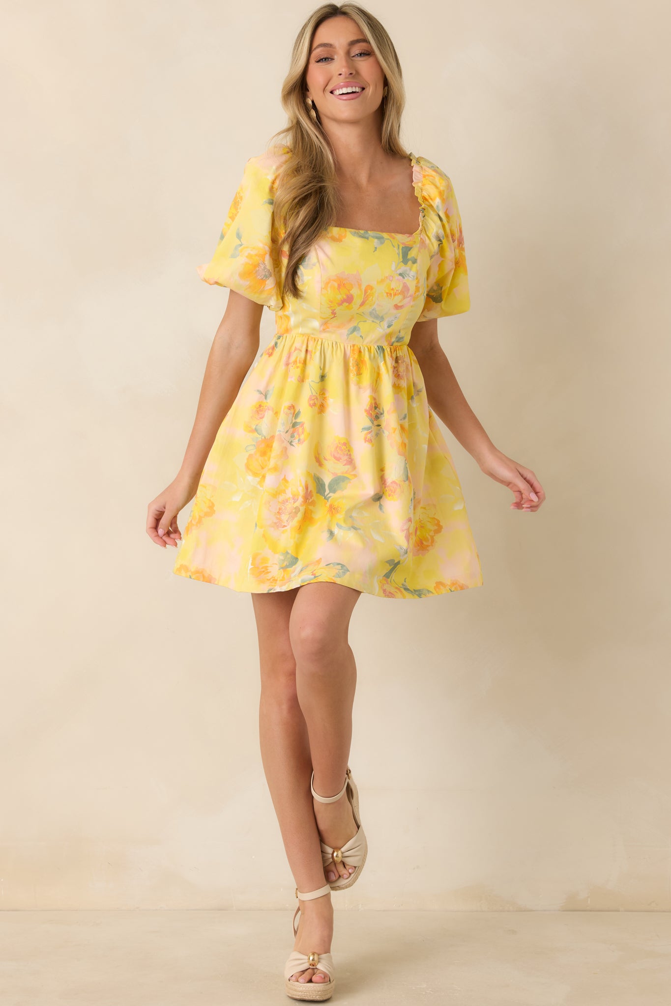 Butter Yellow Multi Floral Cotton Mini Dress - gazingly