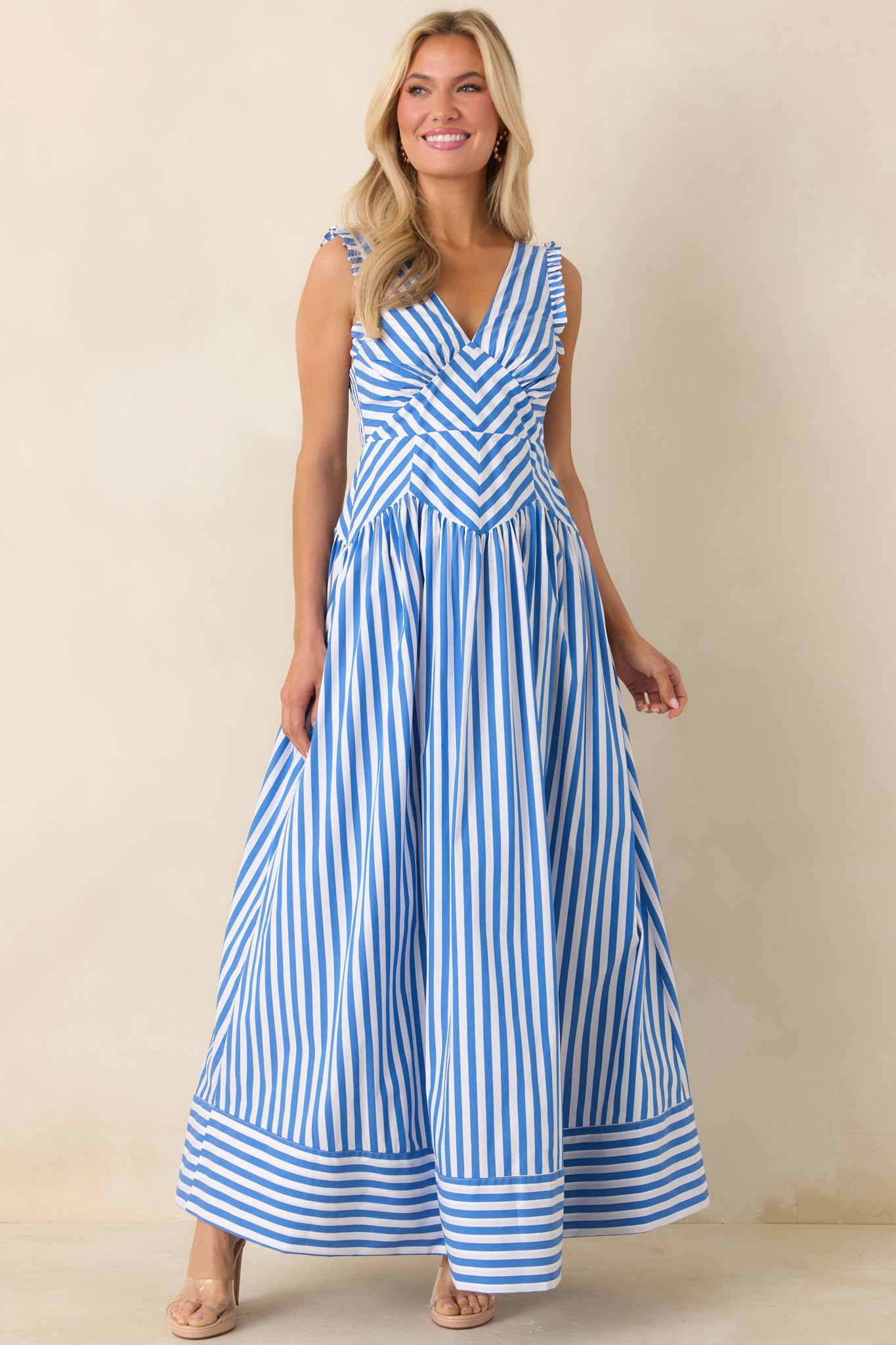 Blue Stripe Cotton Blend Sleeveless Maxi Dress - gazingly