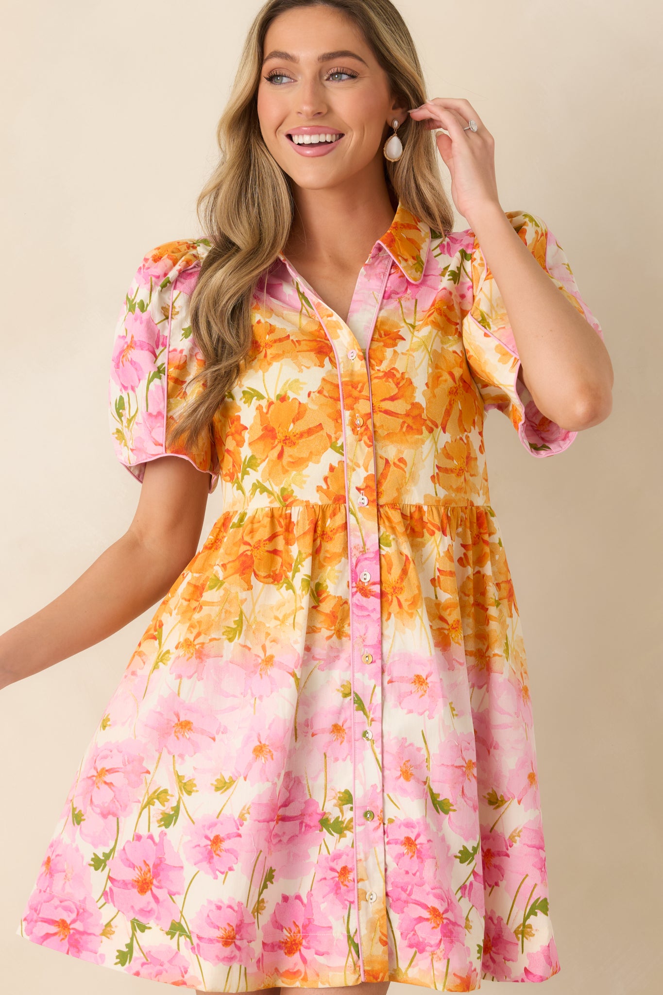 Orange & Pink Floral Cotton Puff Sleeve Mini Dress - gazingly