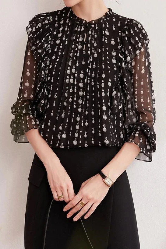 Exquisite Elegant Stand Collar Printed Puff Sleeve Chiffon Blouse - gazingly