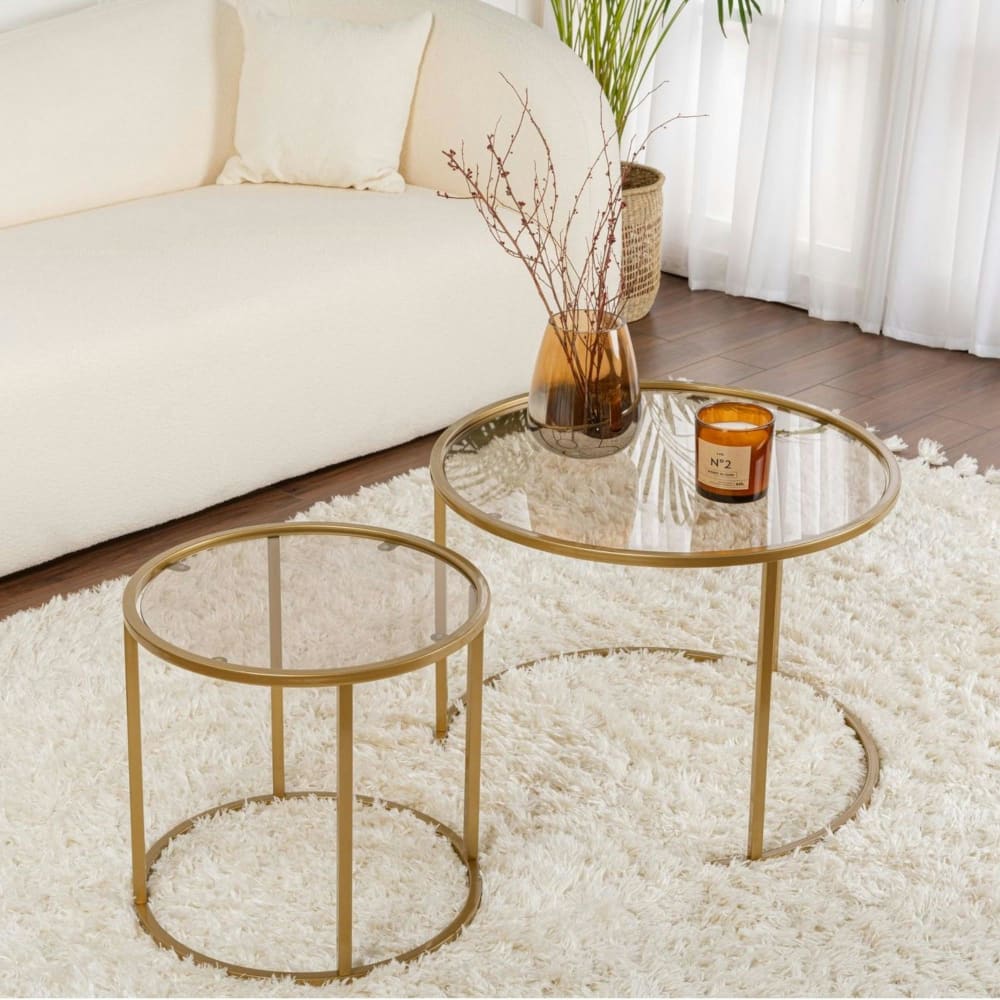 Tulum - Table gigogne ronde 60cm - verre ambré et métal doré (lot de 2)