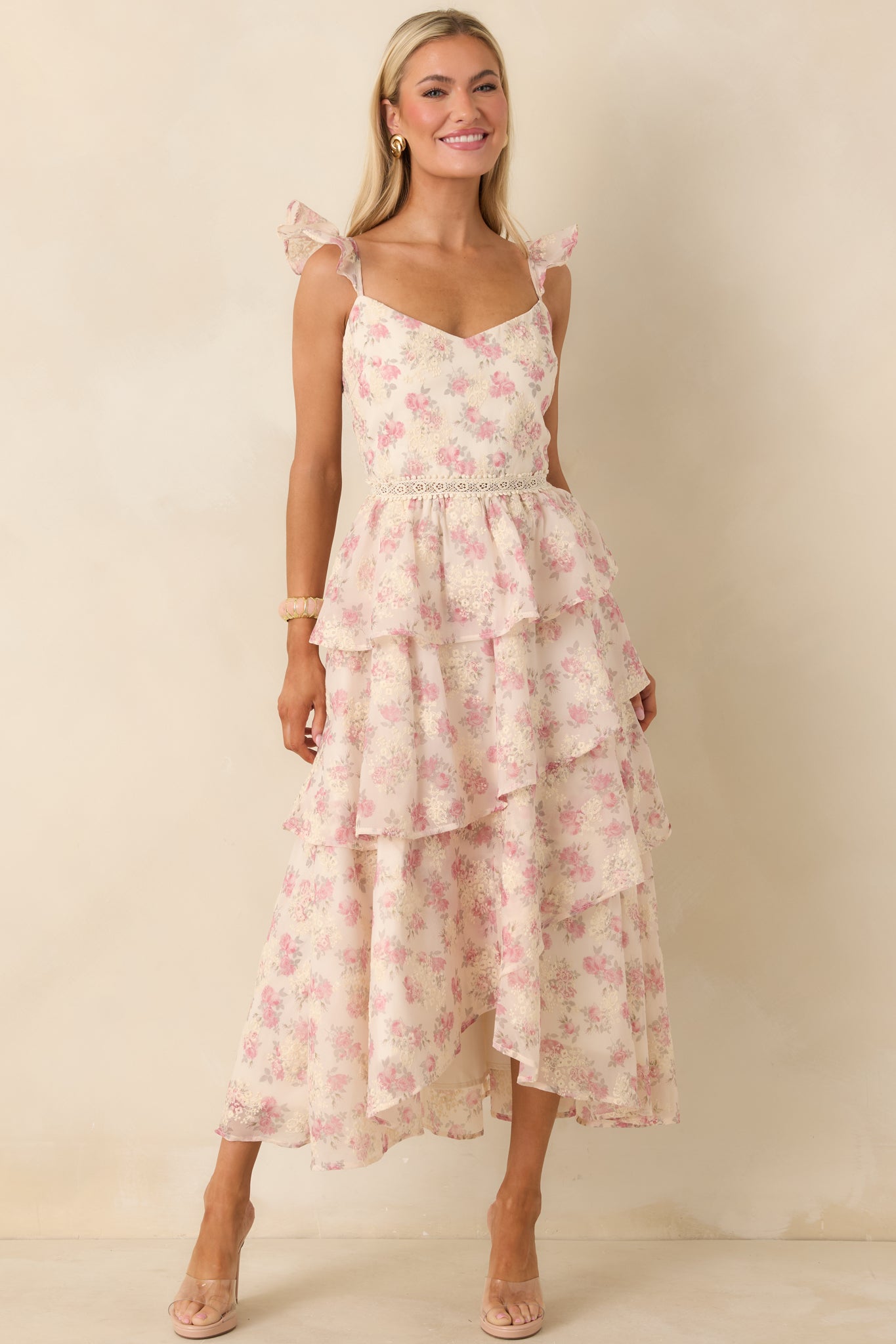 Blissful Garden Light Pink Floral Flutter Sleeve Maxi Dress - gazingly