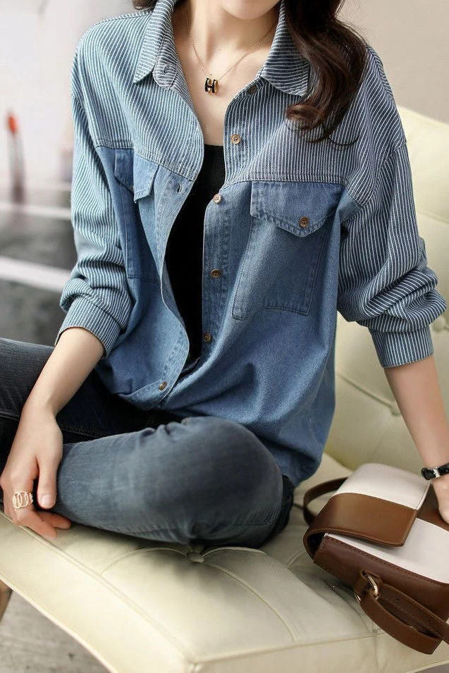 Casual Vertical Stripe Spliced Shirt With Flap Patch Pockets - gazingly