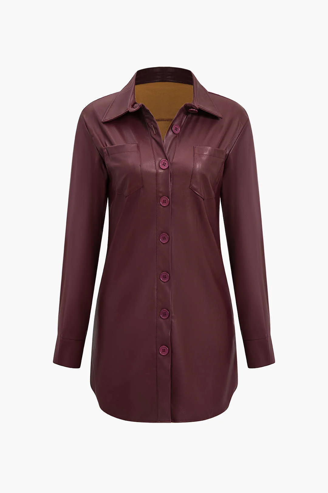 Solid Faux Leather Button Long Sleeve Mini Dress