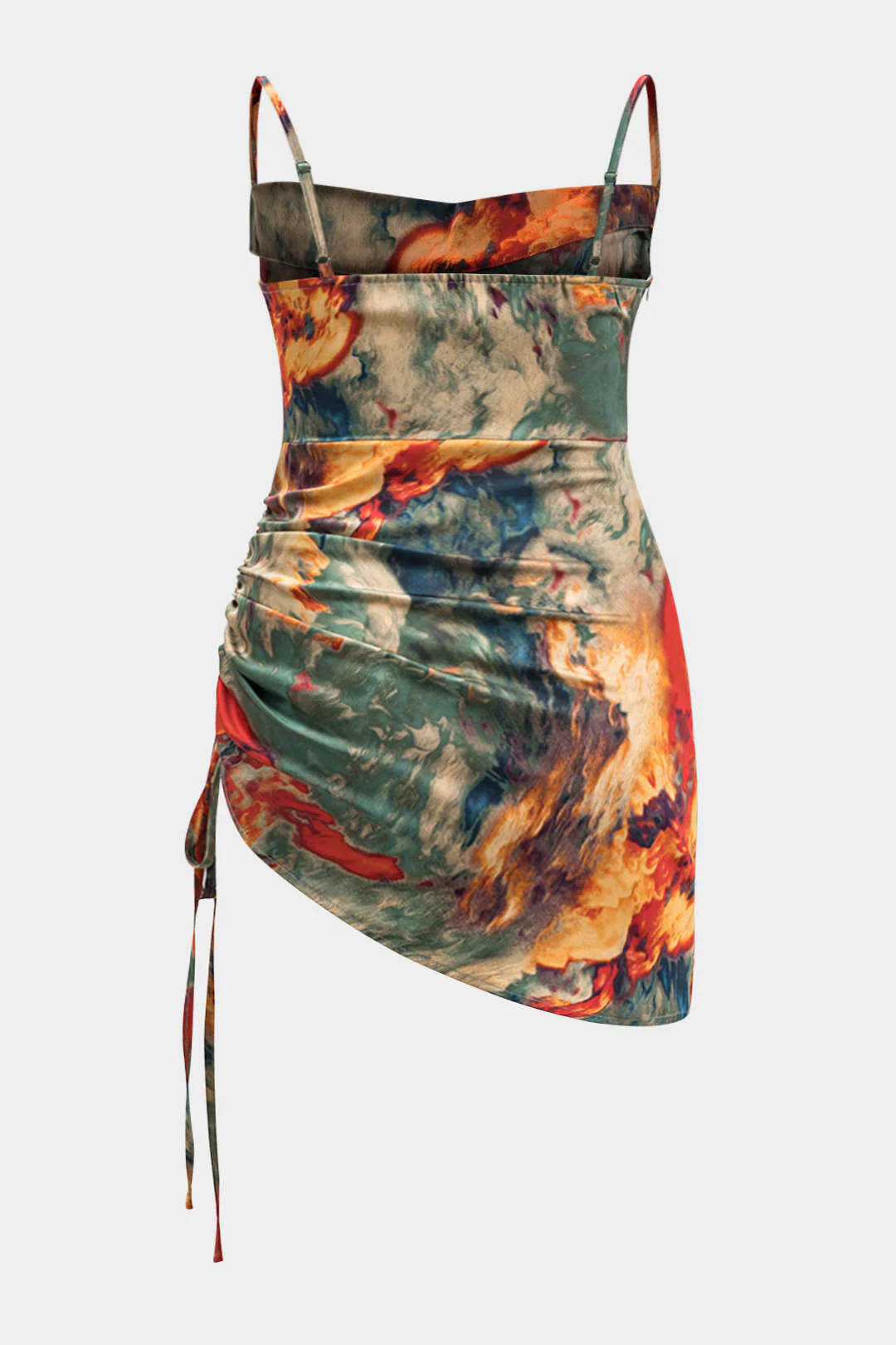 Plus Size Satin Watercolor Print Drawstring Ruched Slip Sleeveless Mini Dress