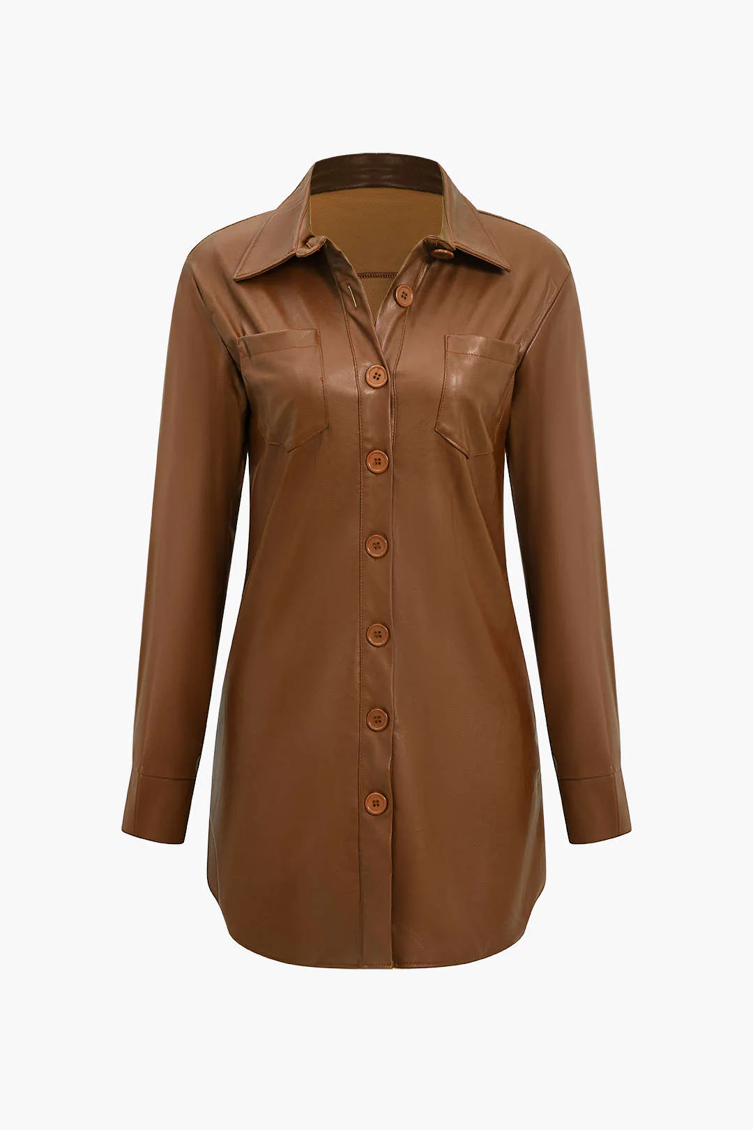 Solid Faux Leather Button Long Sleeve Mini Dress