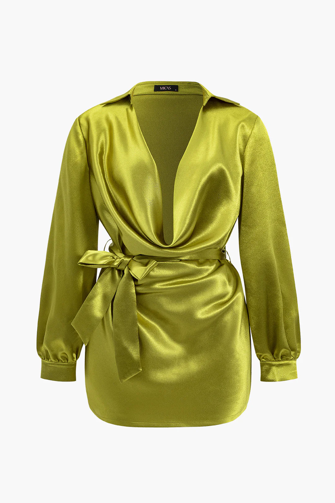 Plus Size Satin Tie Front Long Sleeve Mini Dress
