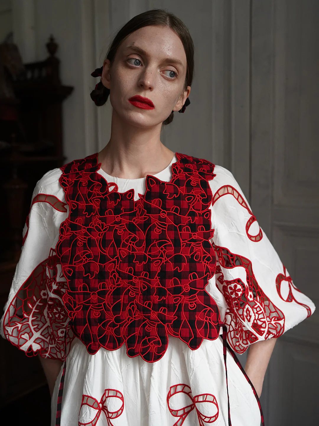 Unlogical Poem Cat Embroidery Reversible Gingham Smock