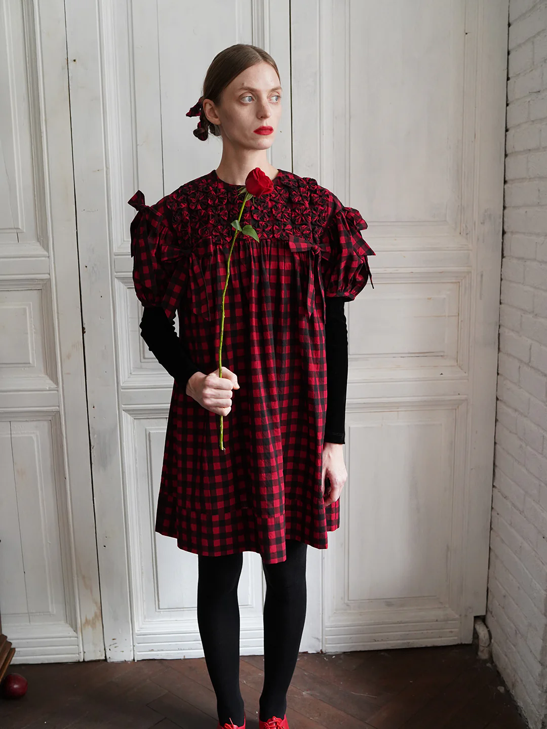 Unlogical Poem Handmade Yoyo Flower Bow Short Gingham Bud Dress