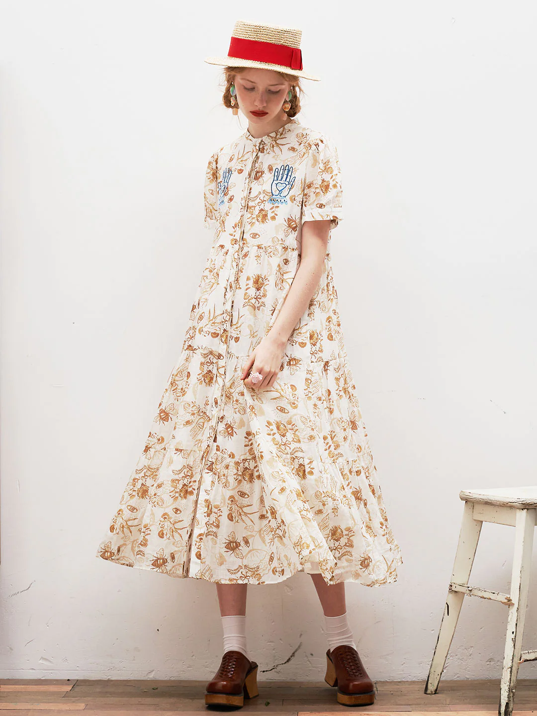 Unlogical Poem Printed Embroidered Ramie A-line Dress