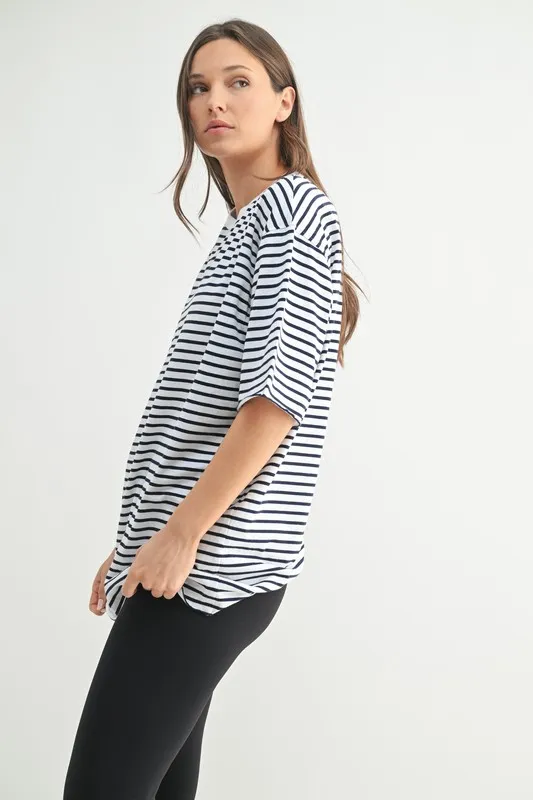Coastal Cotton Striped Oversized Crewneck T-Shirt