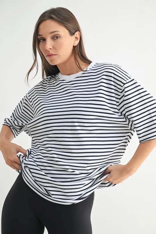 Coastal Cotton Striped Oversized Crewneck T-Shirt