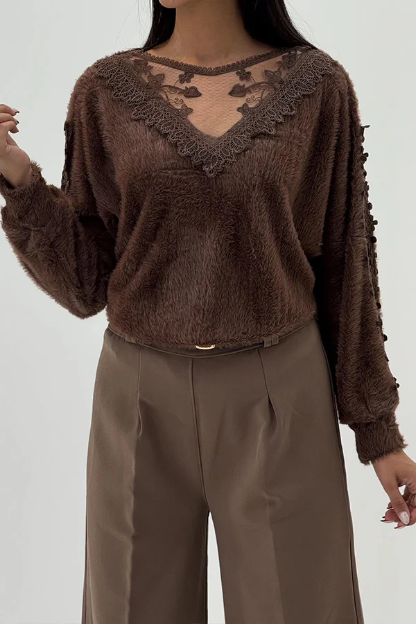 Women Elegant V-Neck Sheer Lace Plush Long Sleeve Top