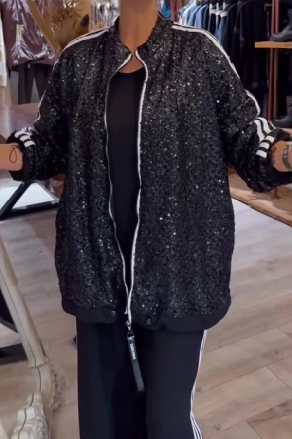 Women Casual Contrast Striped Sequin Zipper Jacket + Wide-Leg Pants