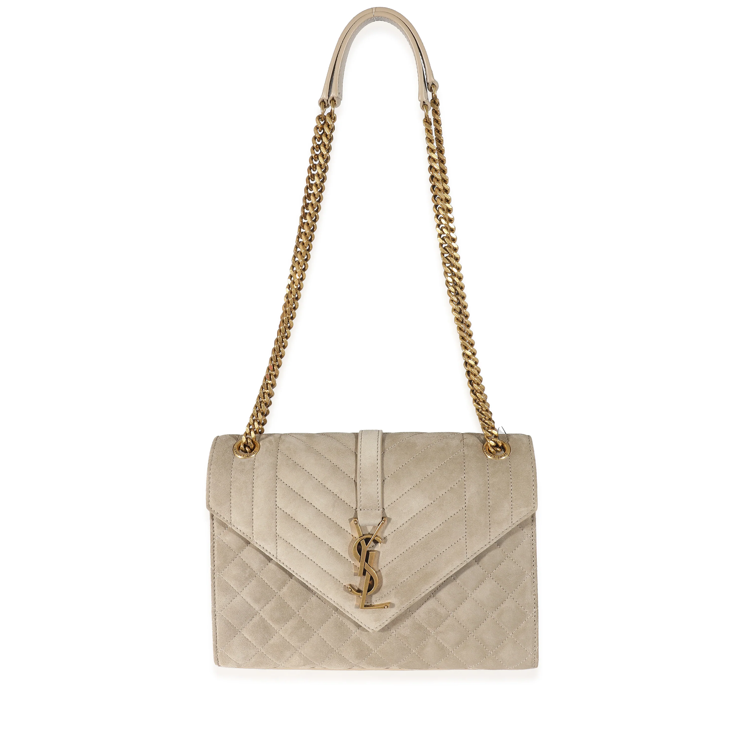 NMSaint Laurent Beige Suede Mixed Matelasse Triquilt Medium Monogram Envelope Satc