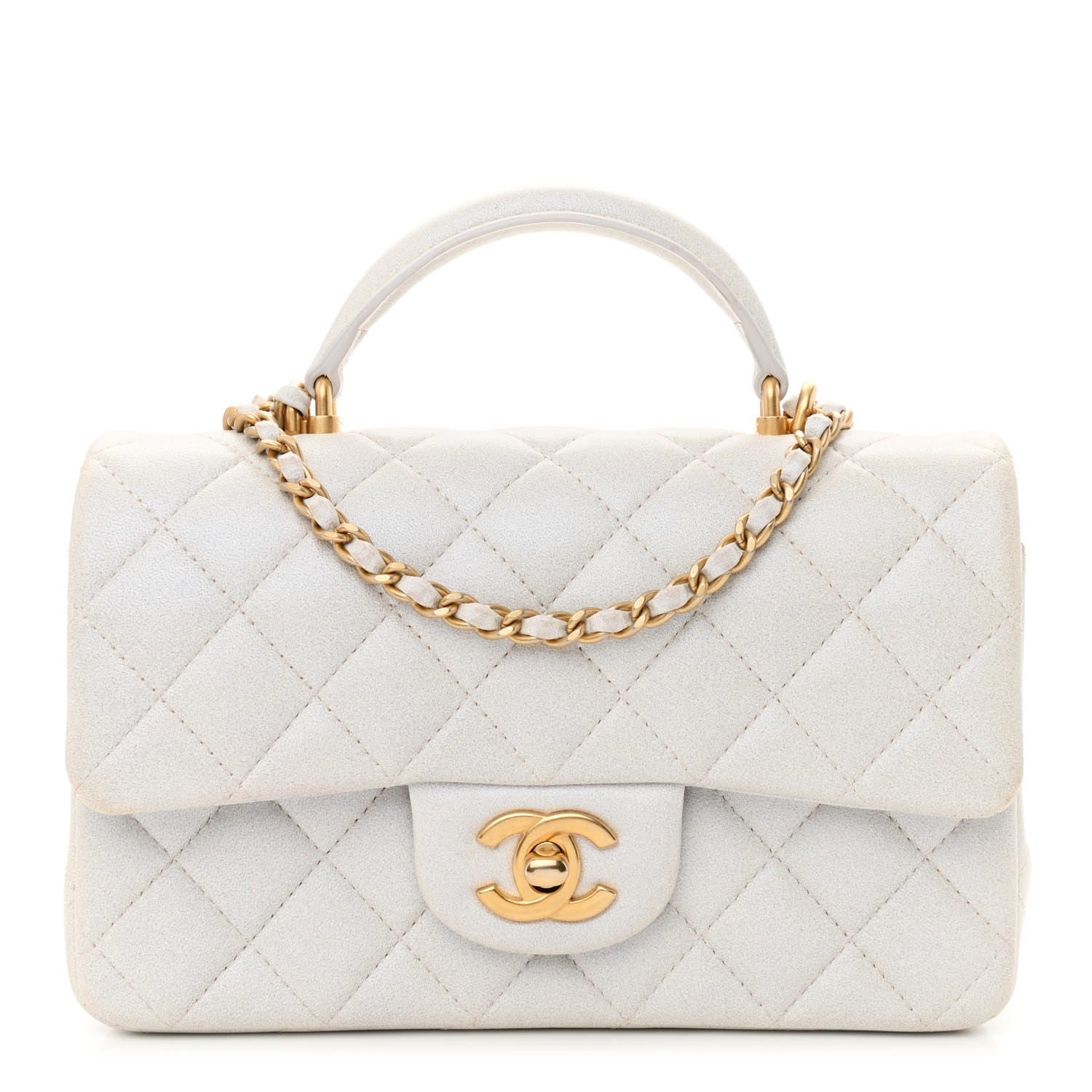 NMIridescent Caviar Quilted Mini Top Handle Rectangular Flap White