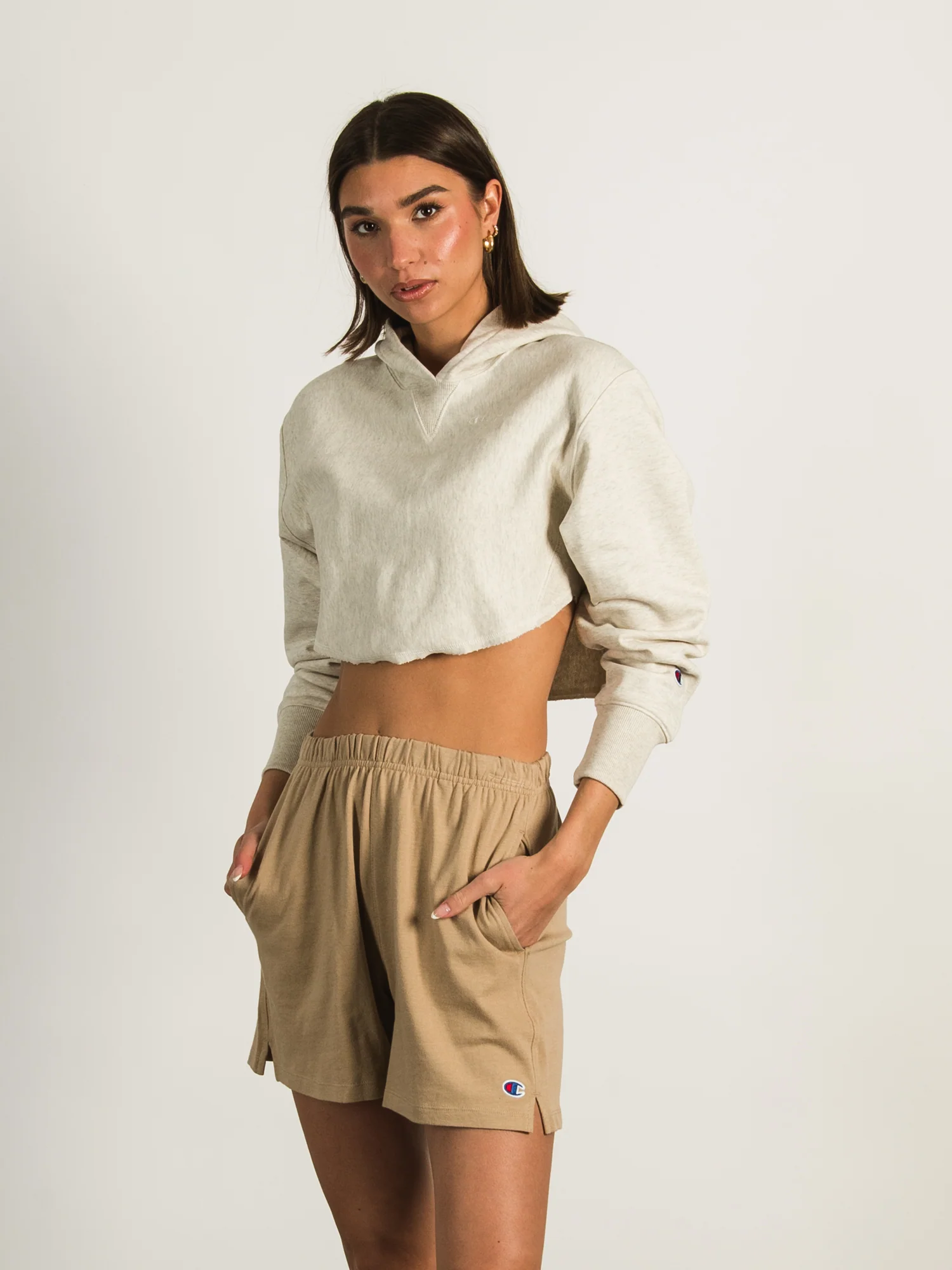 NMCHAMPION REVERSE WEAVE CROP CURVE HEM HOODIE