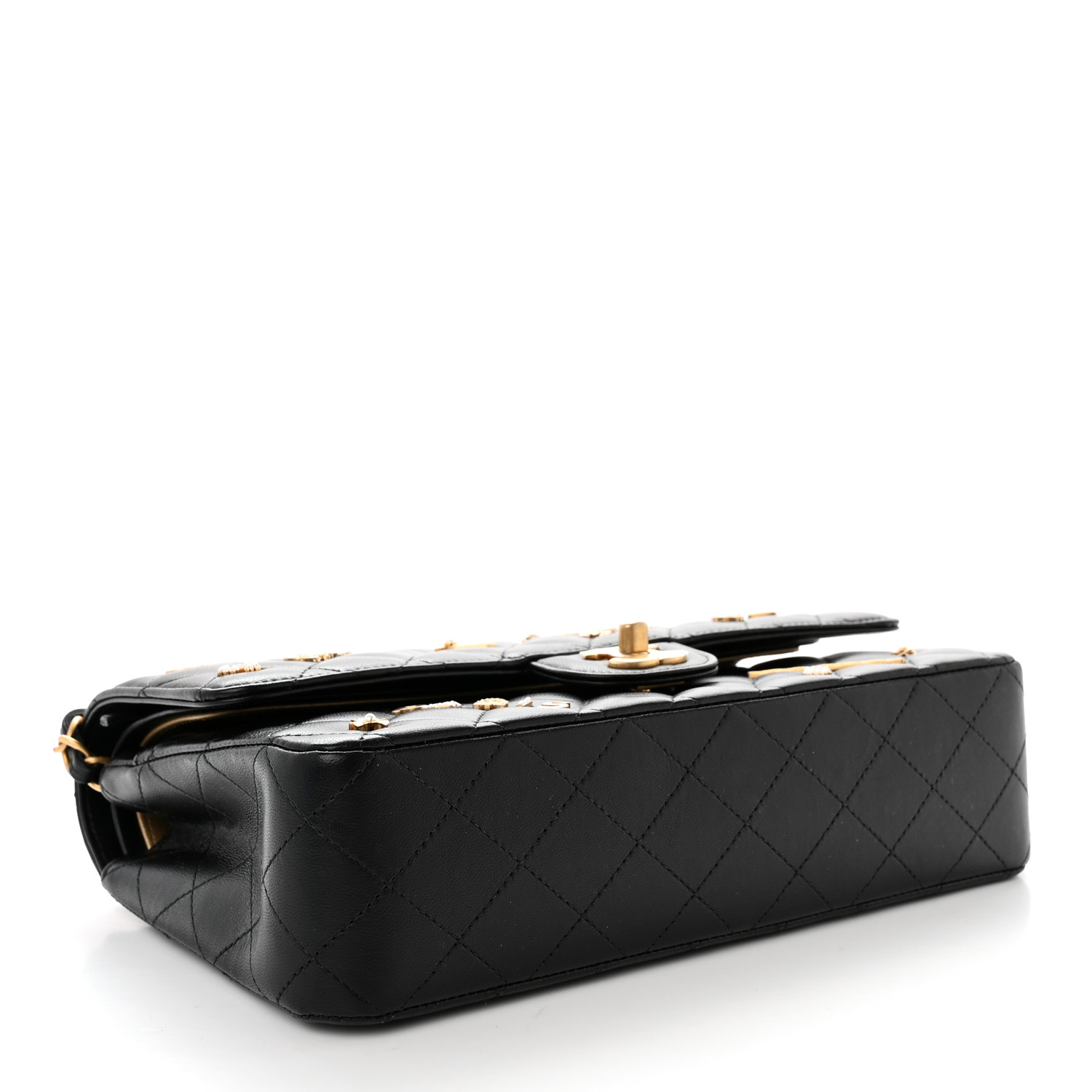 NMLambskin Quilted Medium Rue Cambon Charms Double Flap Black