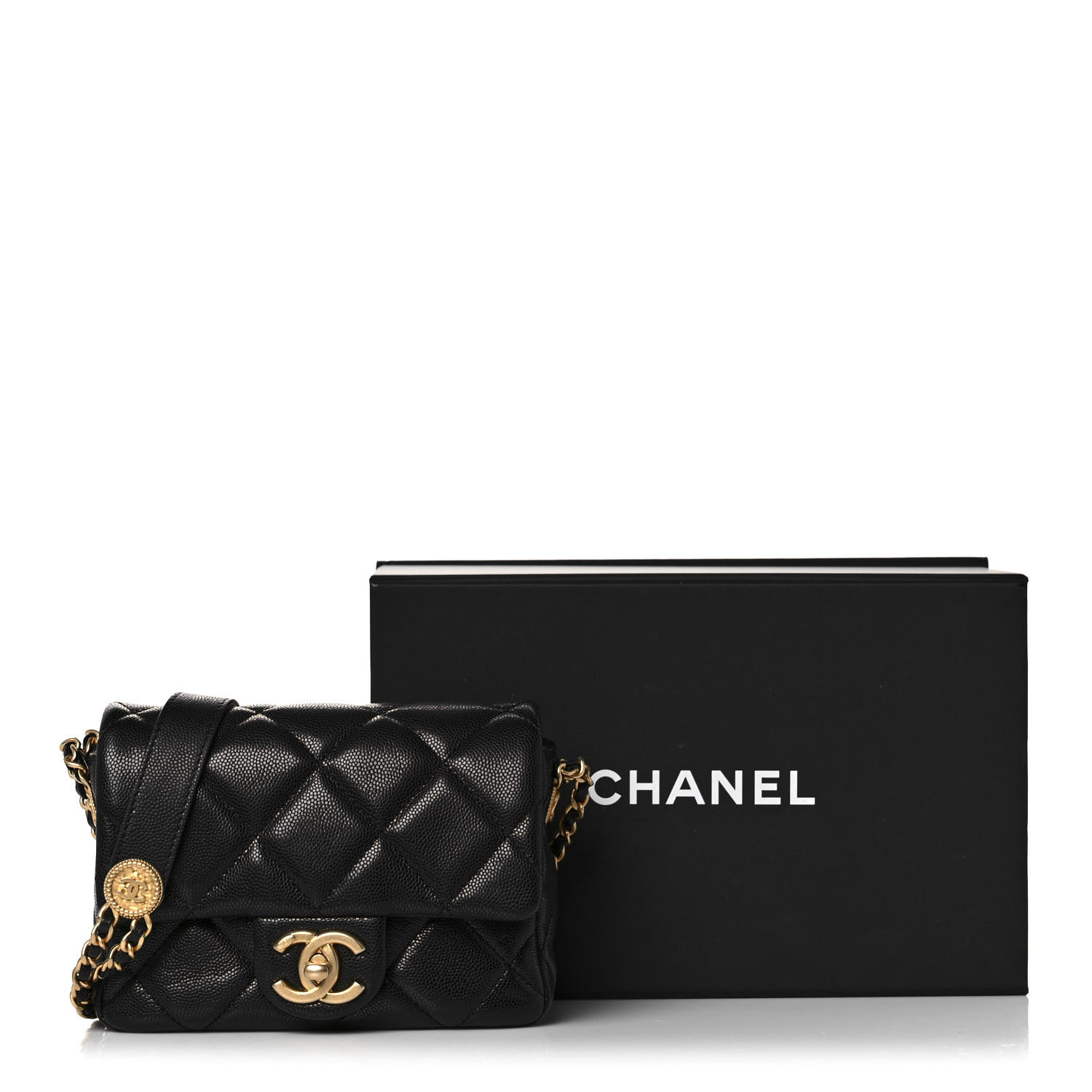 NMCHANEL Caviar Quilted Mini Twist Your Buttons Flap Black
