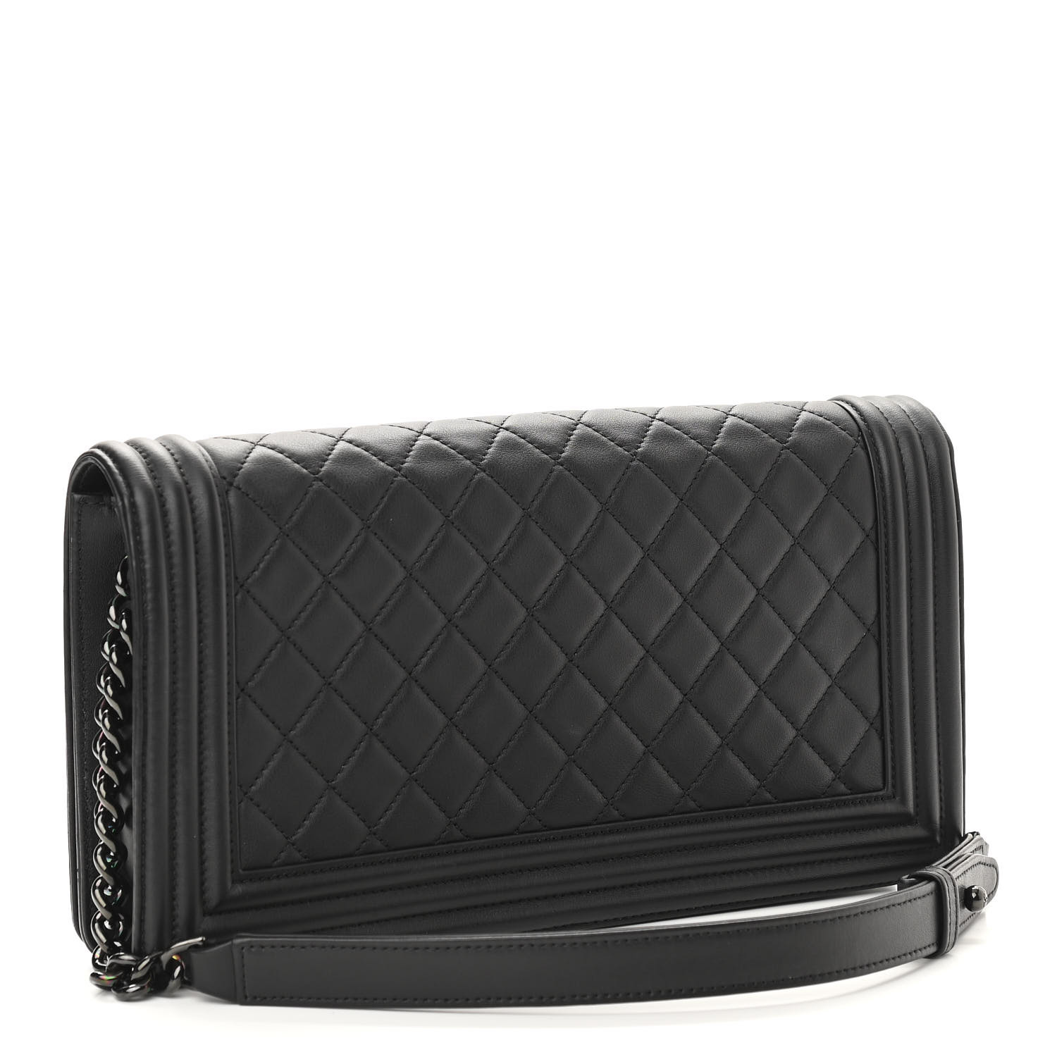 NMCalfskin Quilted Boy Clutch With Removable Chain So Black