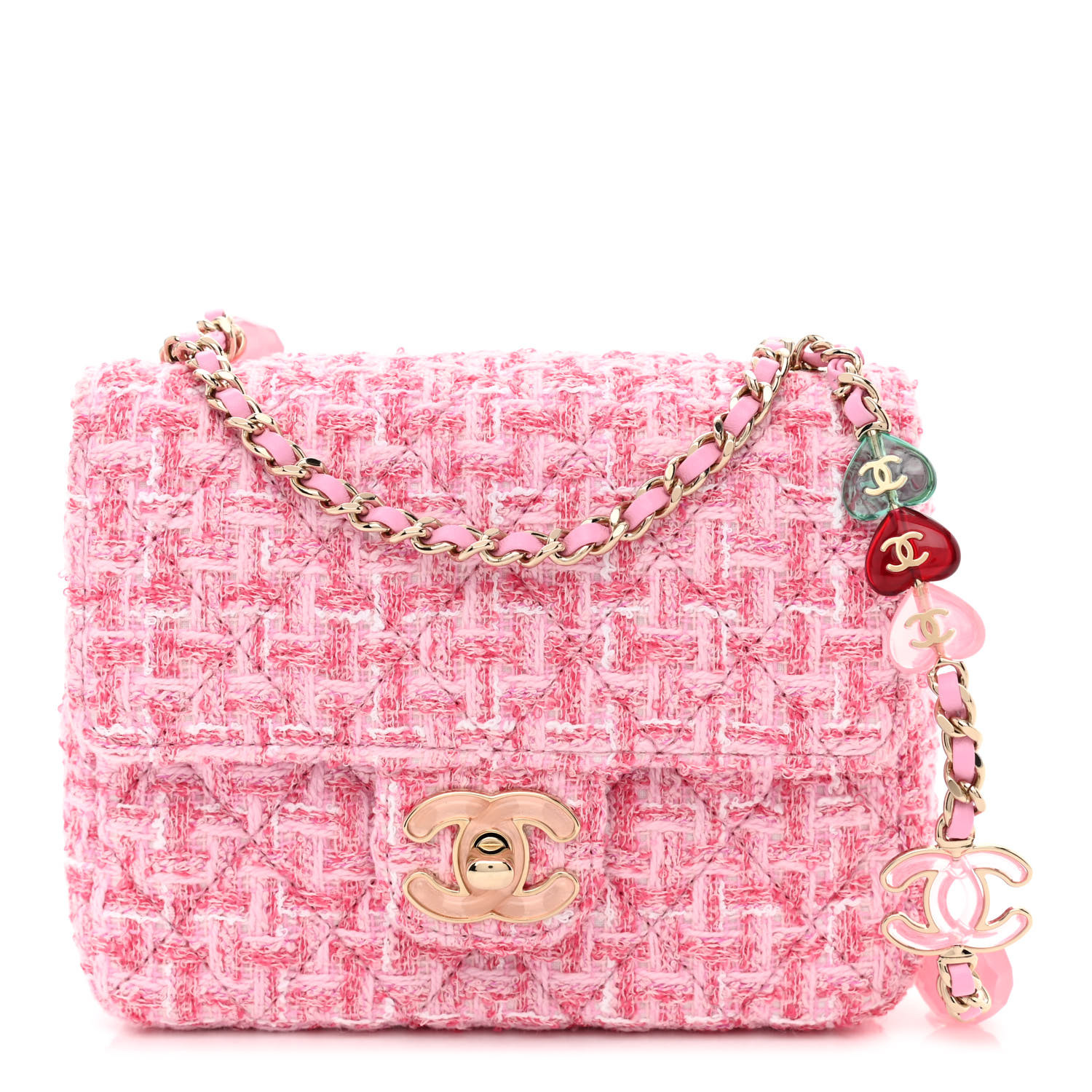 NMTweed Resin Quilted Mini Heart Square Flap Pink White