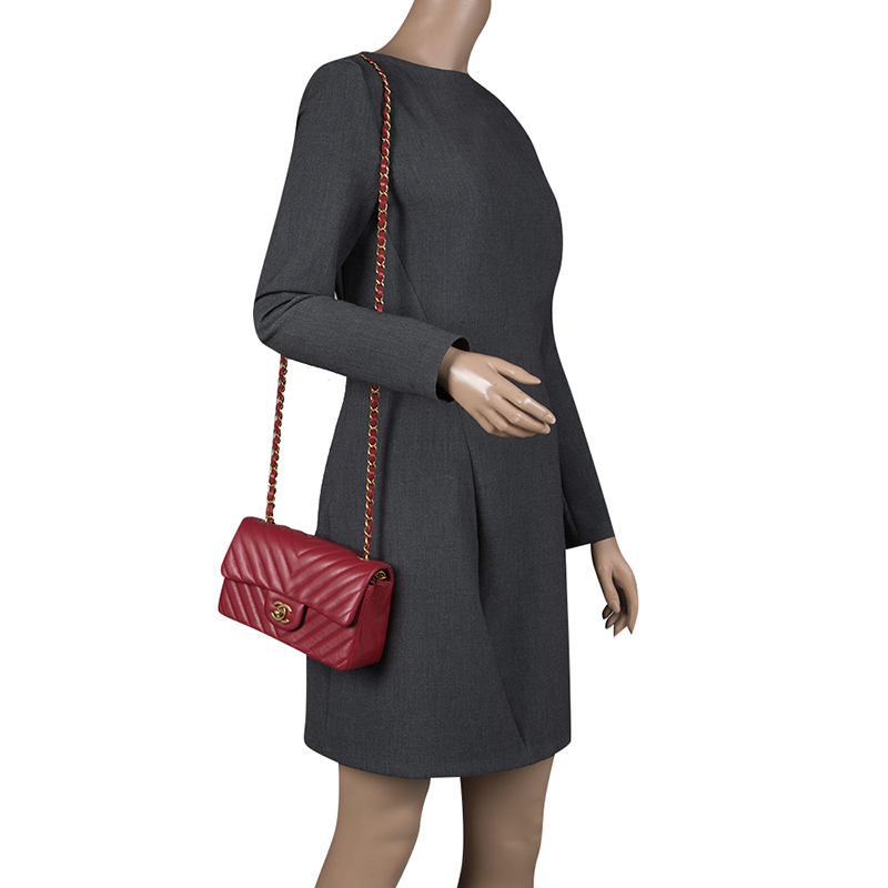 NMDark Red Chevron Leather New Mini Classic Flap Bag