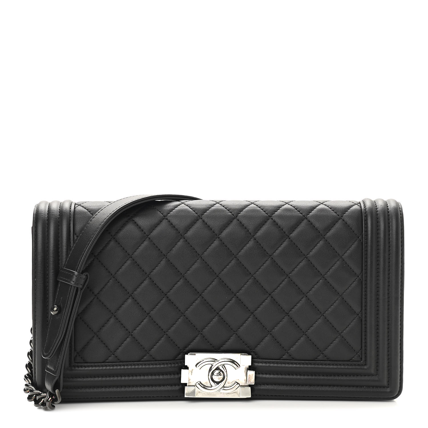 NMCalfskin Quilted Boy Clutch With Removable Chain So Black