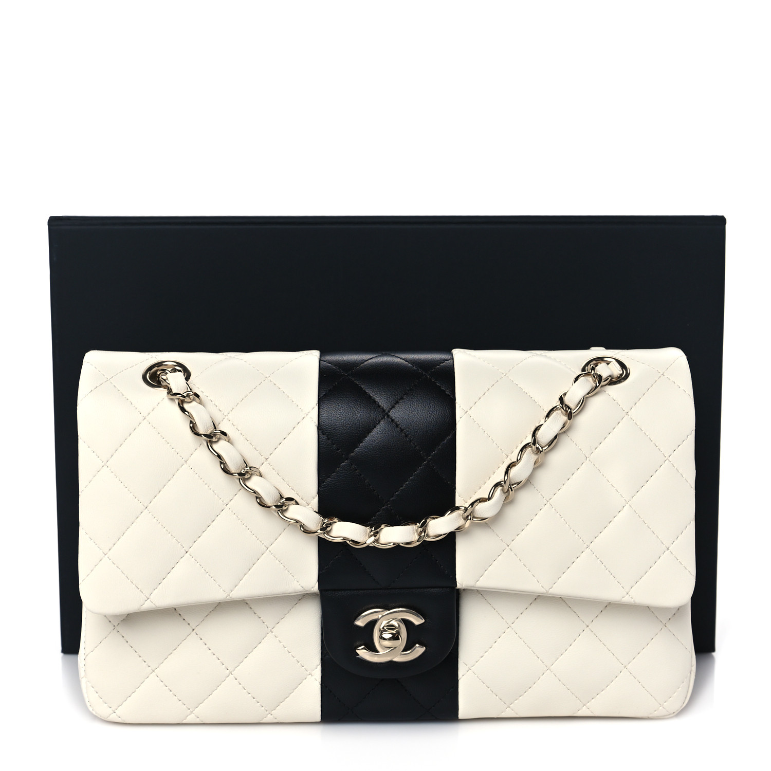 NMLambskin Quilted Medium Double Flap Black White