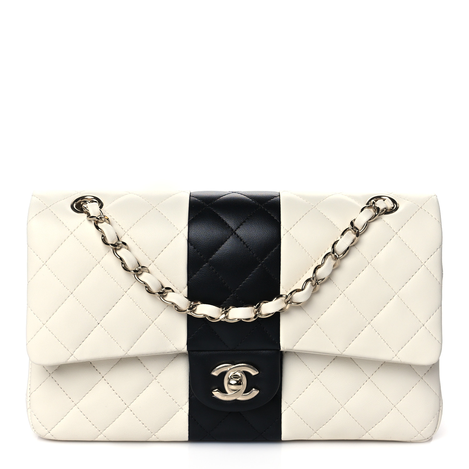 NMLambskin Quilted Medium Double Flap Black White