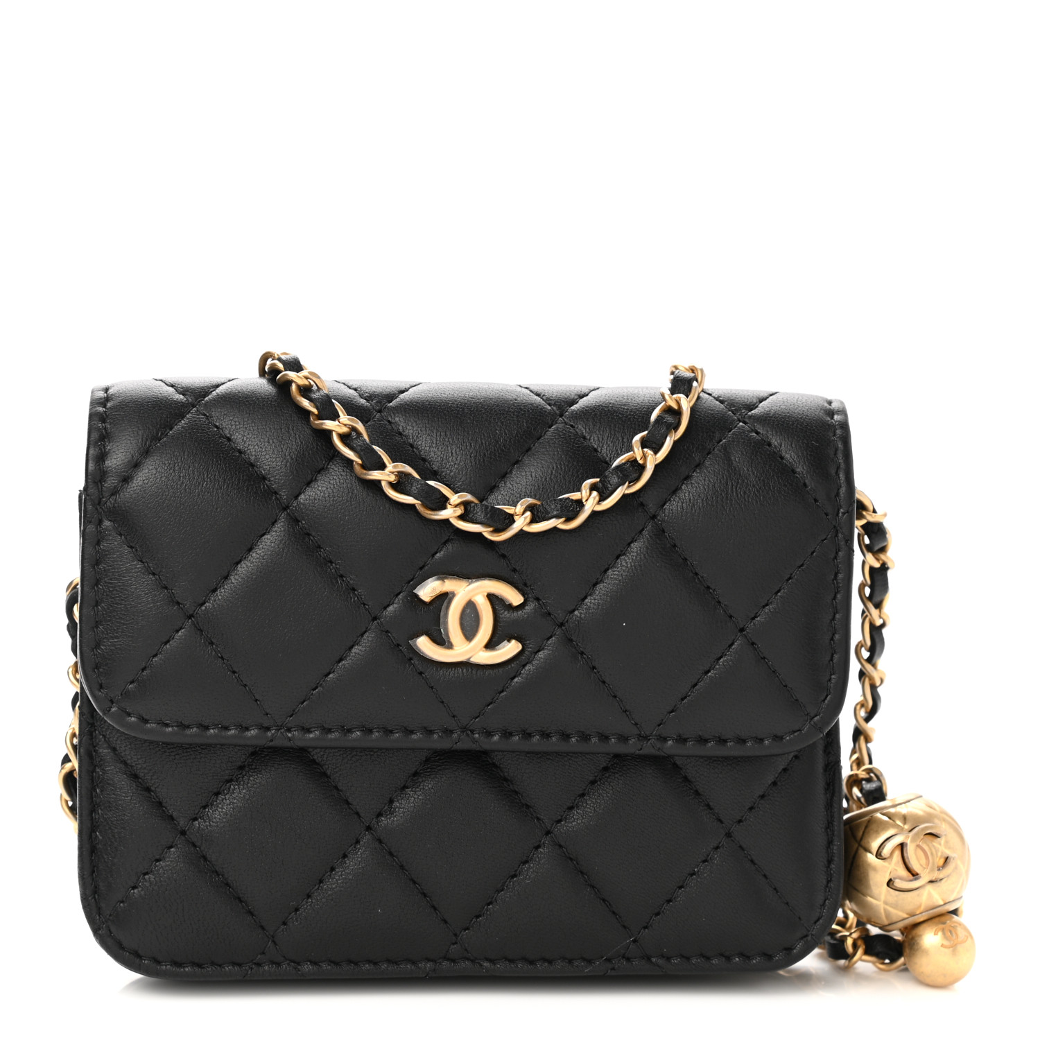 NMLambskin Quilted Pearl Crush Flap With Chain Black
