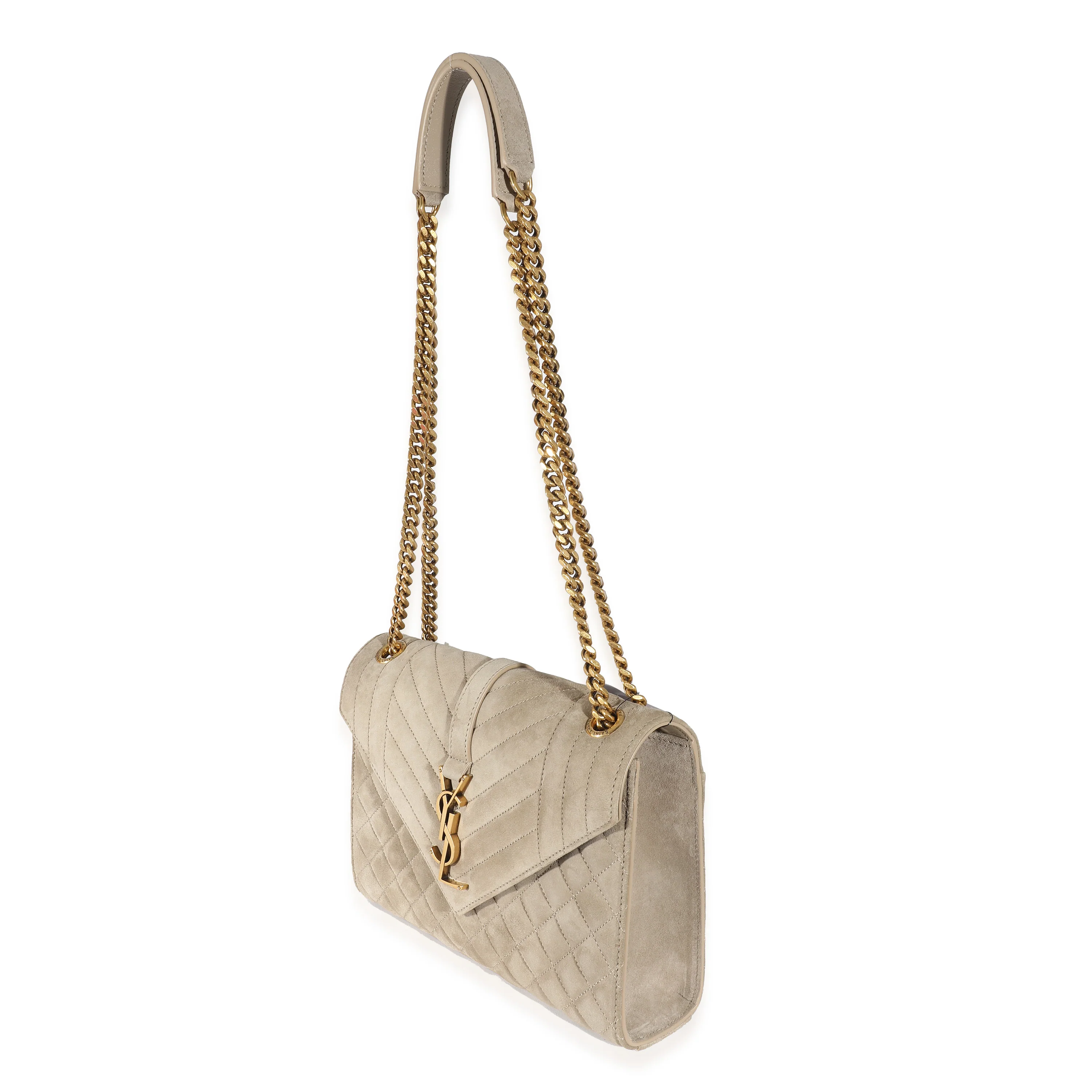 NMSaint Laurent Beige Suede Mixed Matelasse Triquilt Medium Monogram Envelope Satc