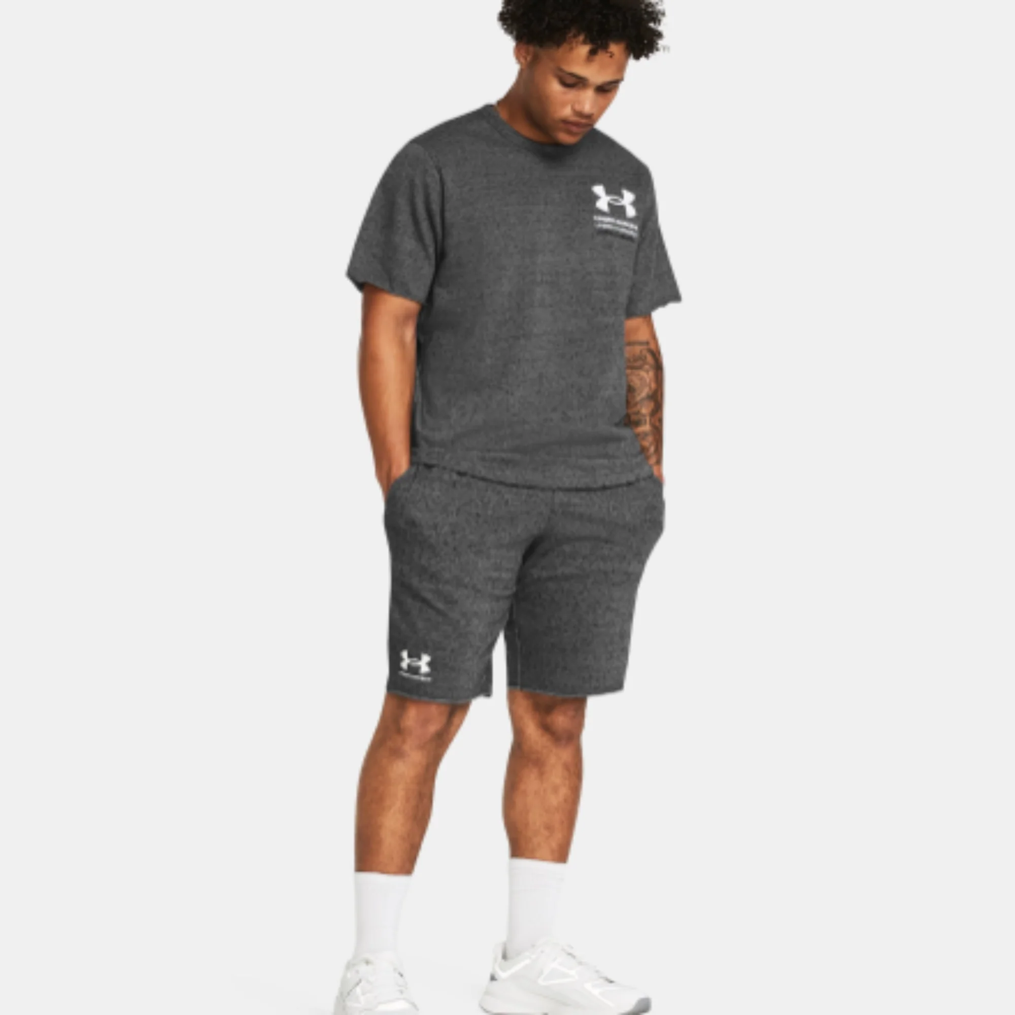 NMMen's Under Armour Rival Terry Shorts (Castlerock Light Heather/Onyx White)