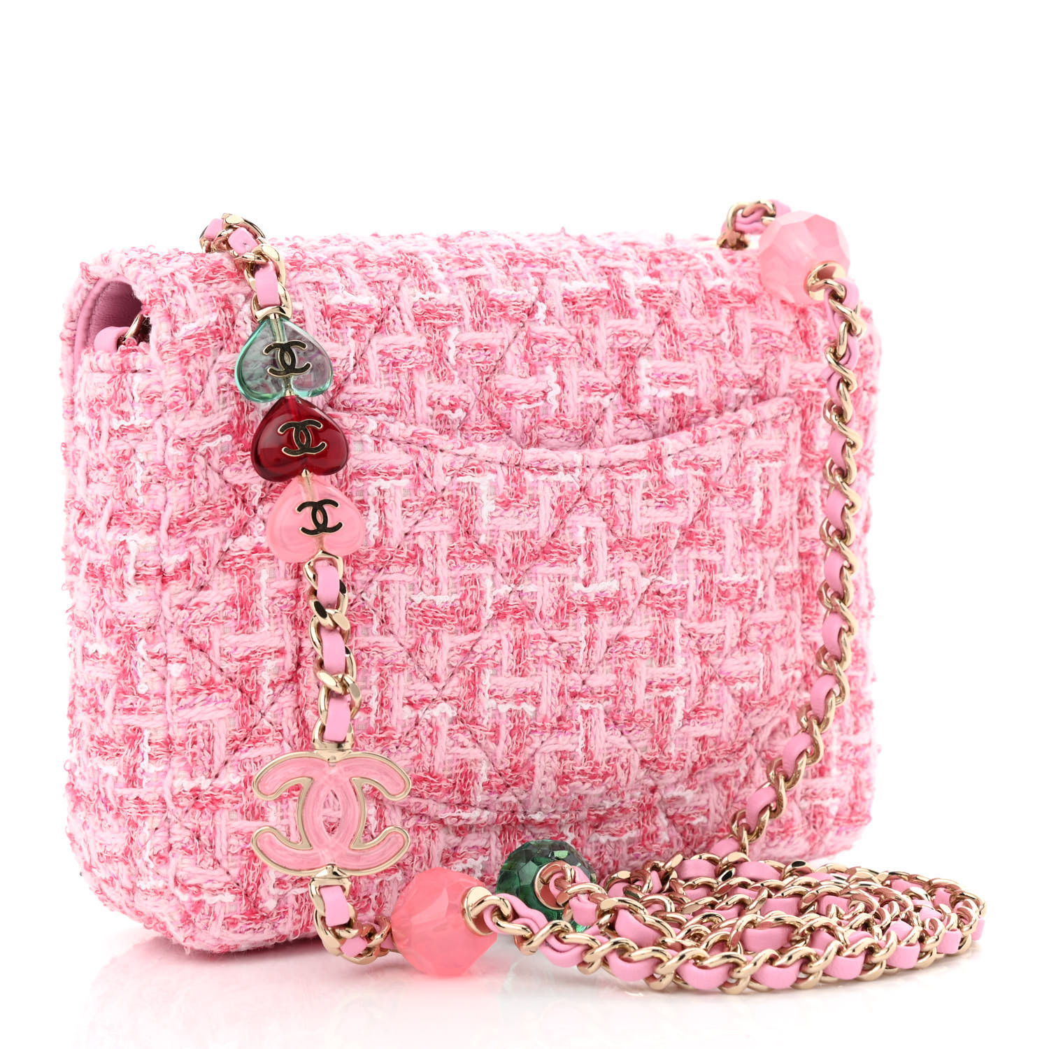 NMTweed Resin Quilted Mini Heart Square Flap Pink White