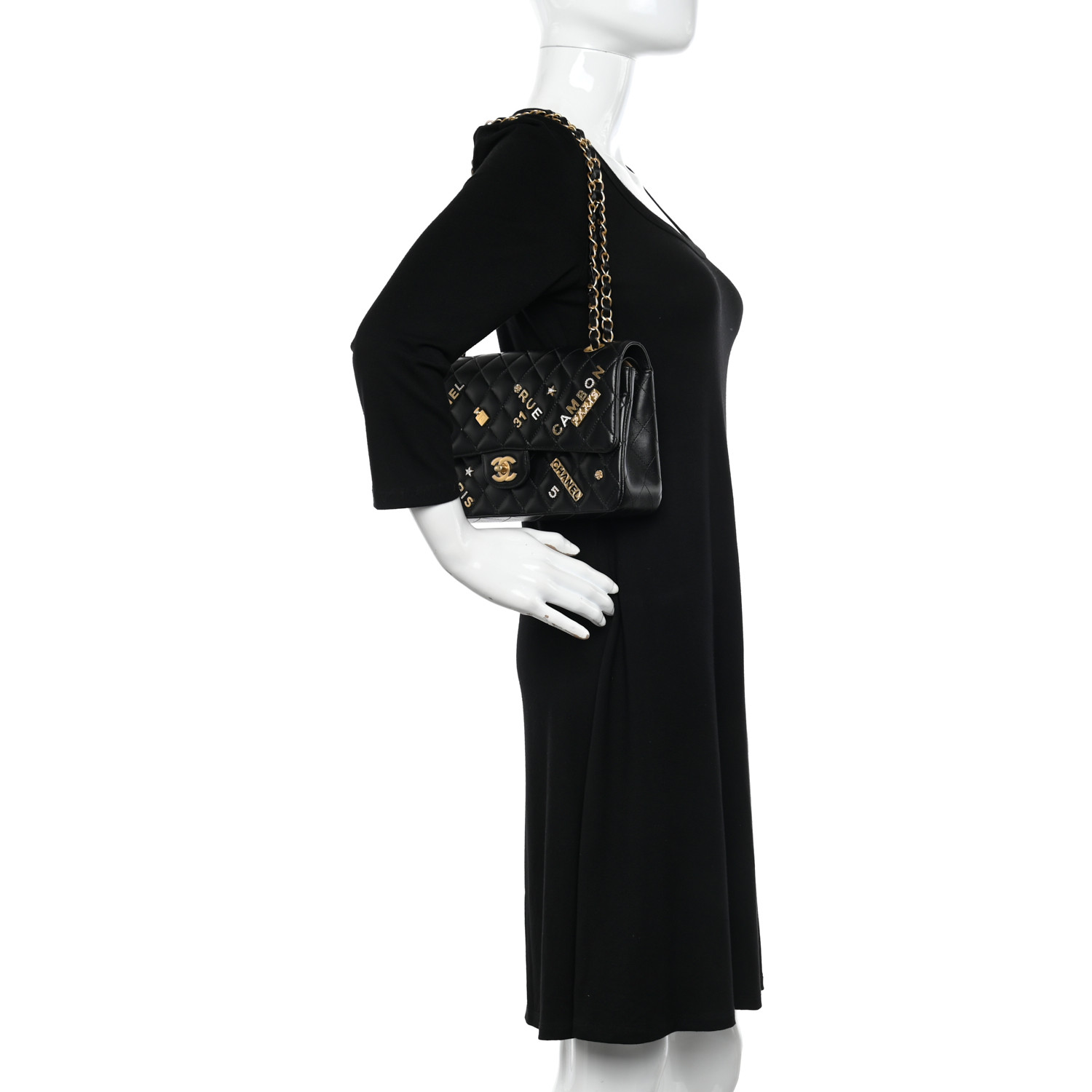 NMLambskin Quilted Medium Rue Cambon Charms Double Flap Black