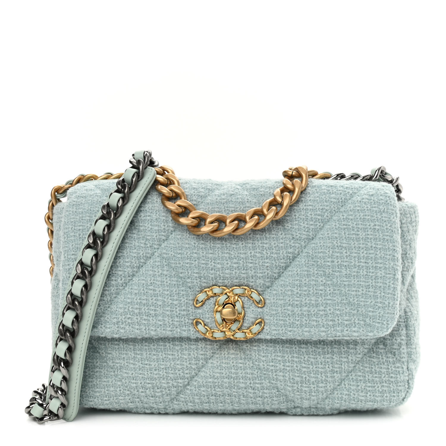 NMTweed Mixed Fibers Quilted Medium Chanel 19 Flap Light Green