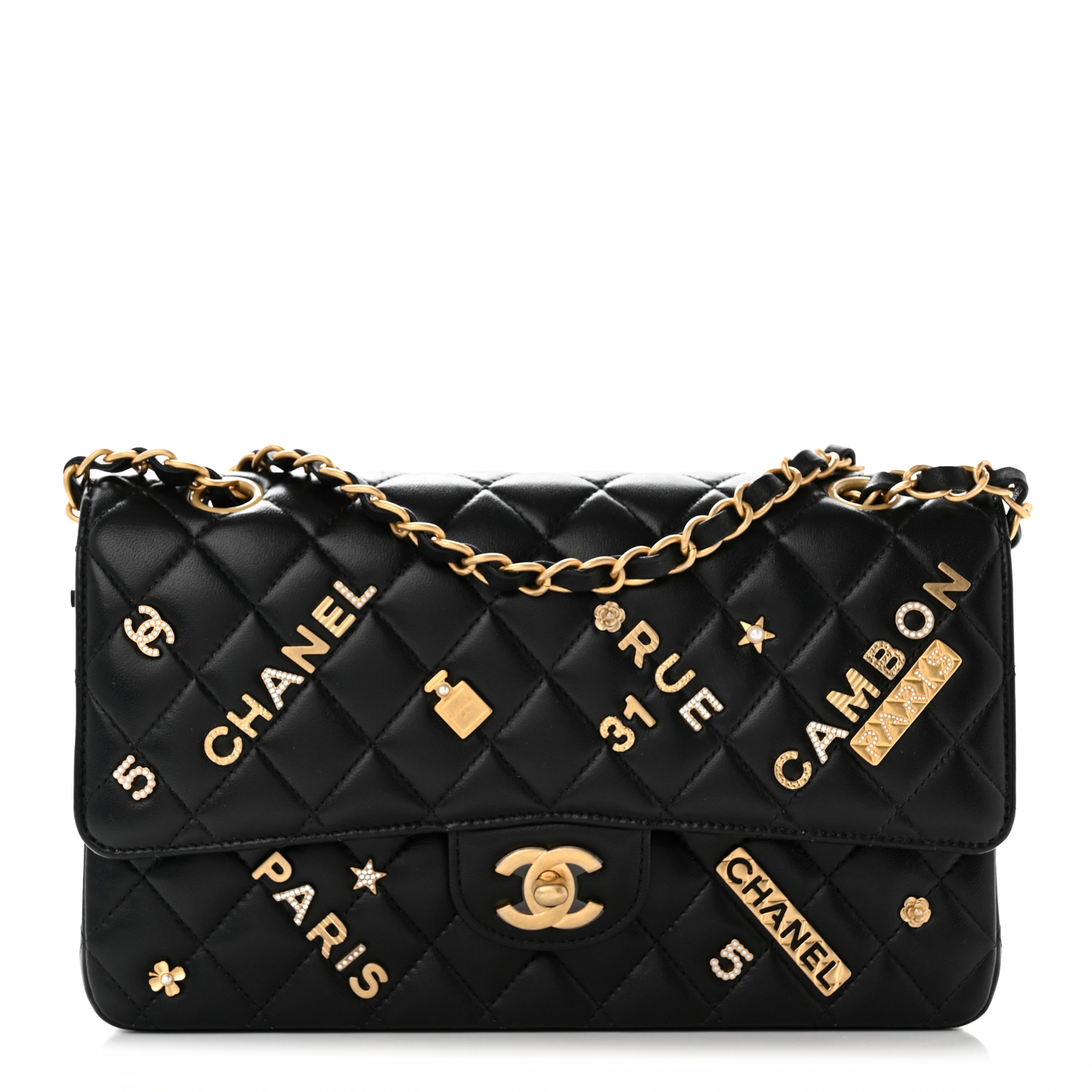 NMLambskin Quilted Medium Rue Cambon Charms Double Flap Black