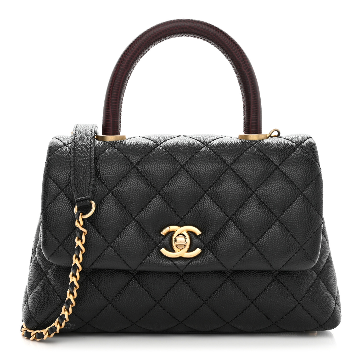 NMCaviar Lizard Embossed Quilted Mini Coco Handle Flap Black