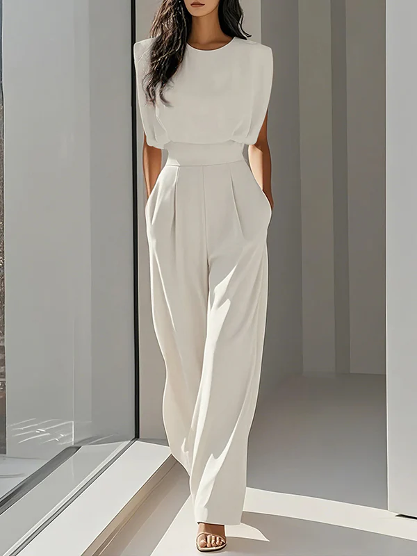 Loose Pleated Solid Color Split-Joint Round-Neck Jumpsuits