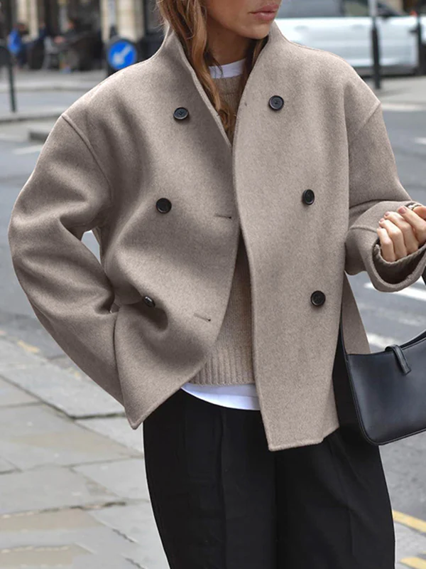 Long Sleeves Loose Buttoned Stand Collar Woolen Coat