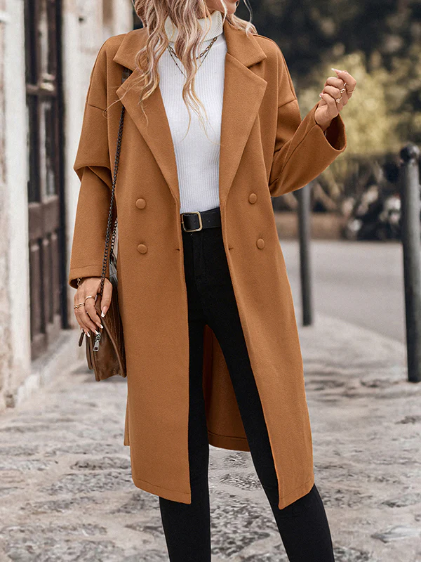 Long Sleeves Loose Buttoned Solid Color Split-Joint Tied Waist Notched Collar Woolen Coat