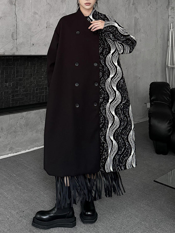 Long Sleeves Loose Buttoned Contrast Color Pockets Stand Collar Woolen Coat